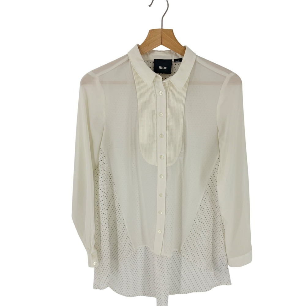 Maeve Button Down Blouse Cream Size 2 Polka Dot Tuxedo Pleat High Low